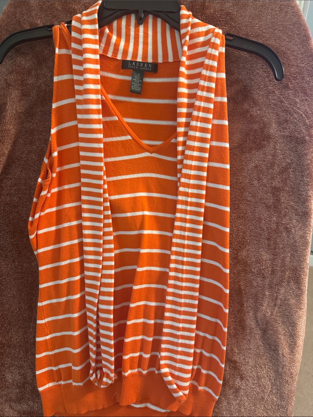 Lauren Ralph Lauren Orange & White Striped Sleeveless V-Neck Tank